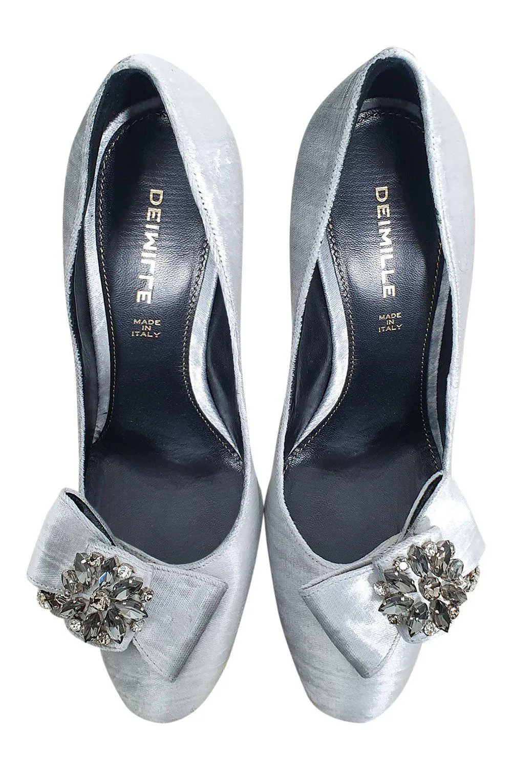 DEIMILLE Velvet Silver High Heel Crystal Embellished Pumps (40)