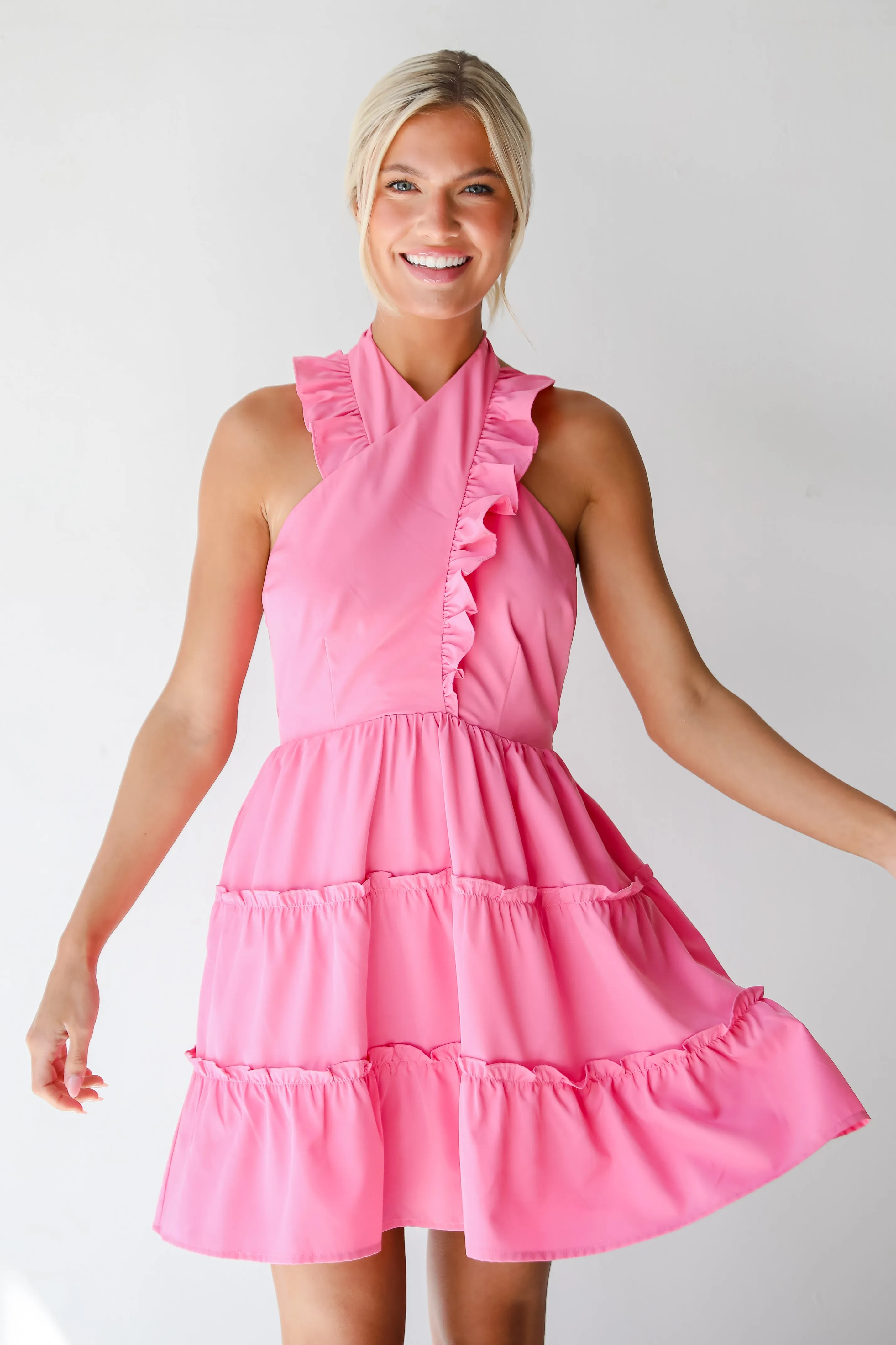 FINAL SALE - Cutest Feeling Pink Halter Ruffle Mini Dress