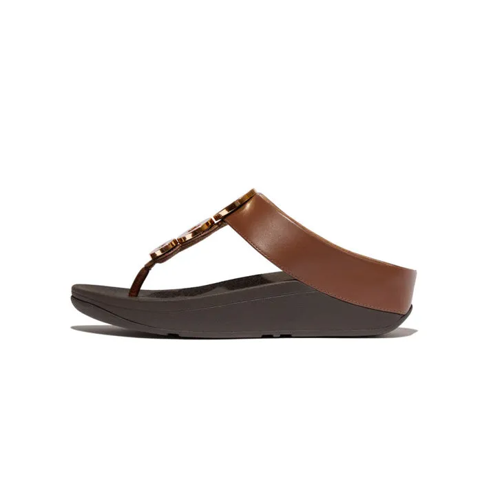 FitFlop Womens Fino Rich Brown Resin-Hoop Leather Toe-Post Sandals | IB8-864