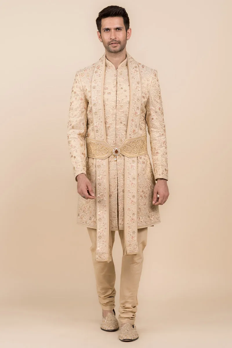 Gold All Over Embroidered Tissue Sherwani