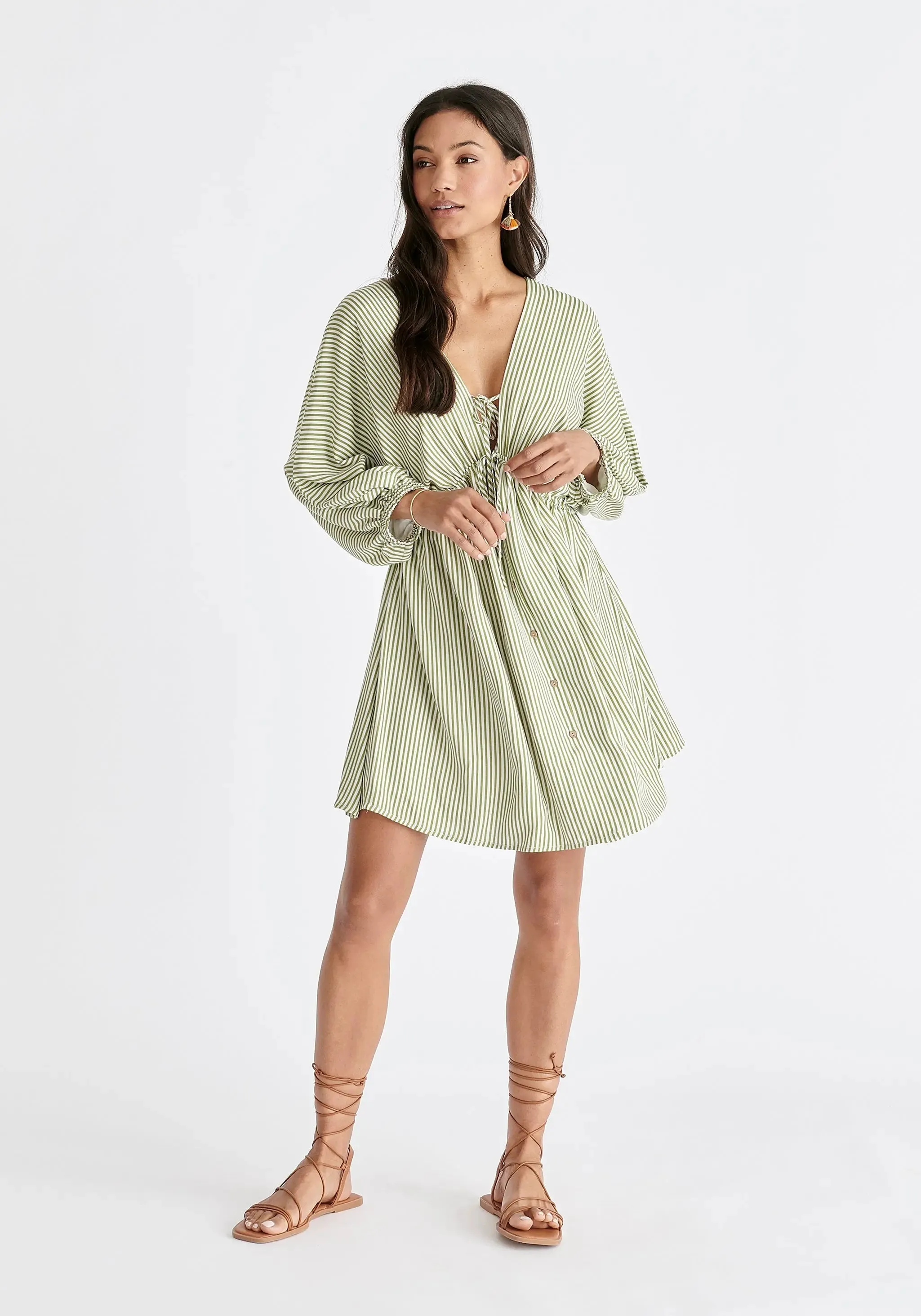 Green and White V-Neck Balloon Sleeve Dress