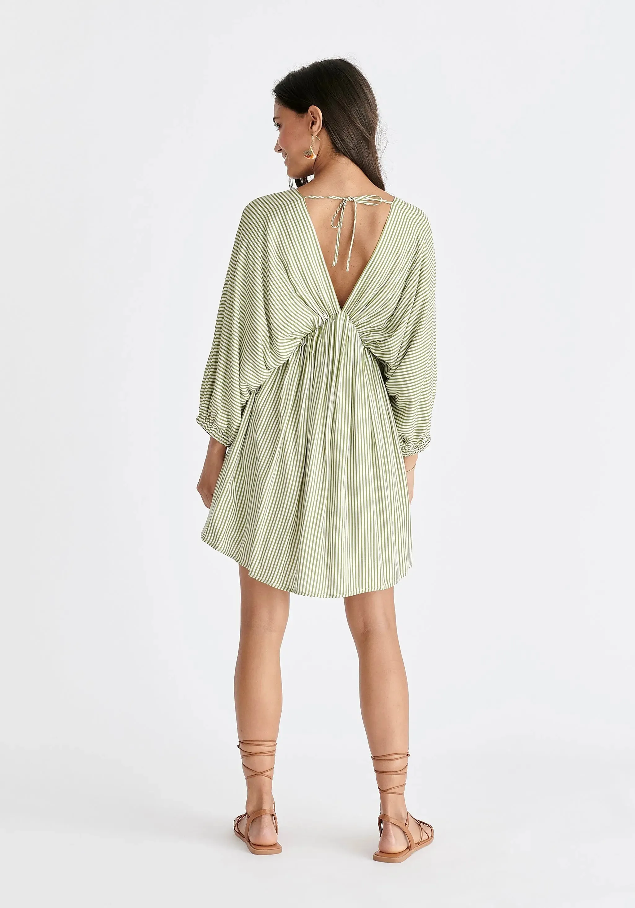 Green and White V-Neck Balloon Sleeve Dress