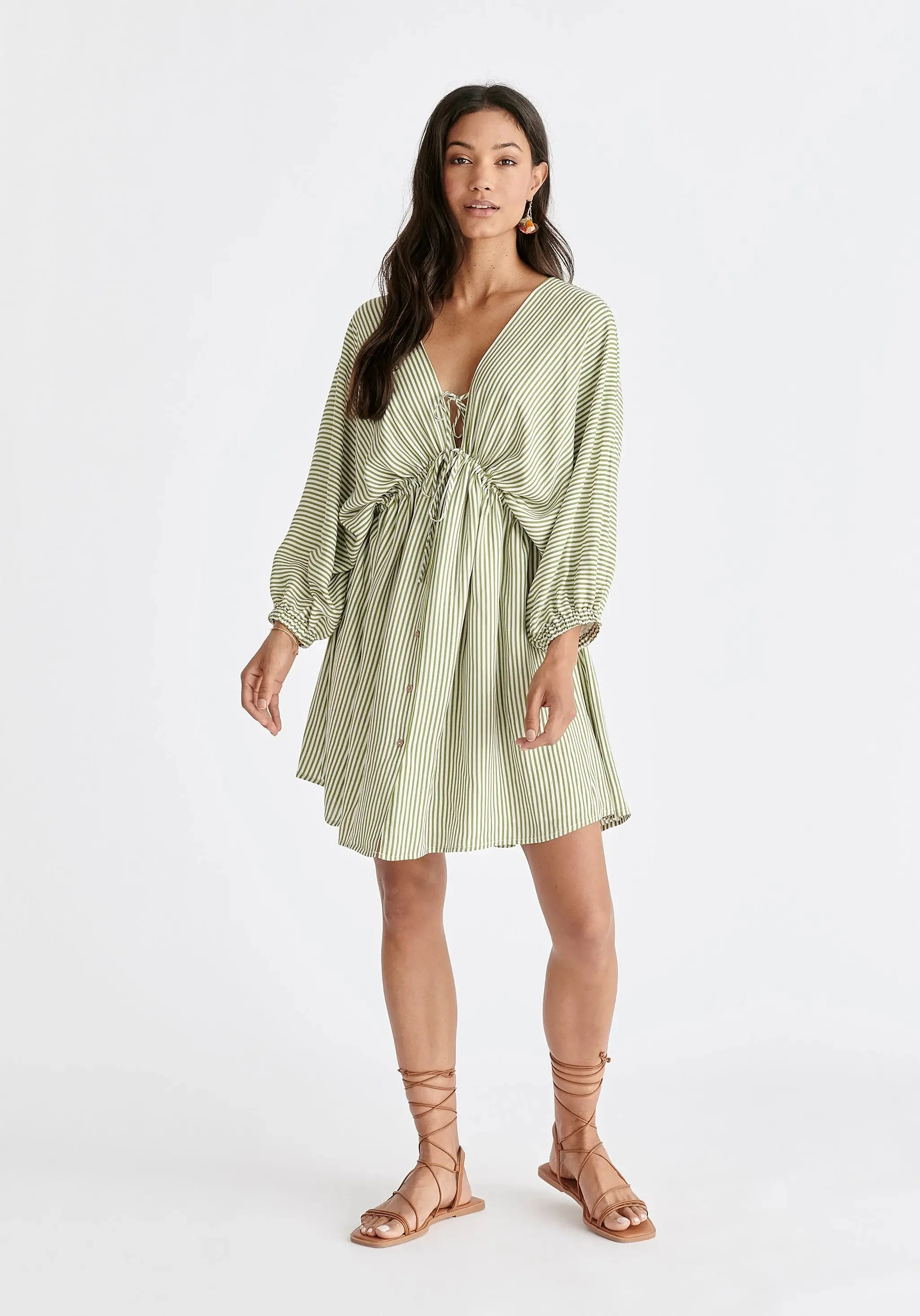 Green and White V-Neck Balloon Sleeve Dress