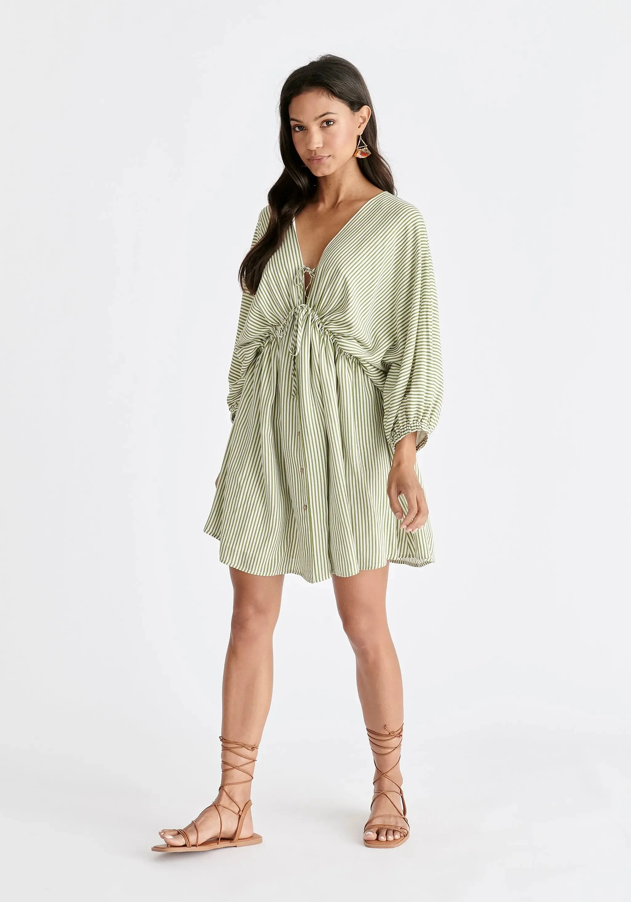 Green and White V-Neck Balloon Sleeve Dress