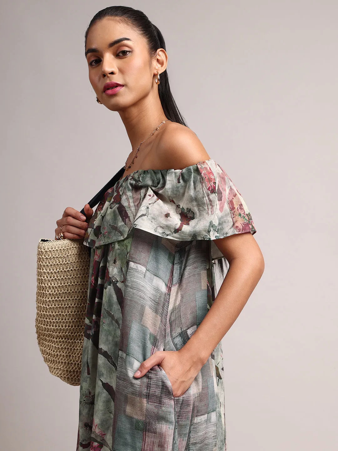 Grey Cotton Linen Floral Off Shoulder Dress