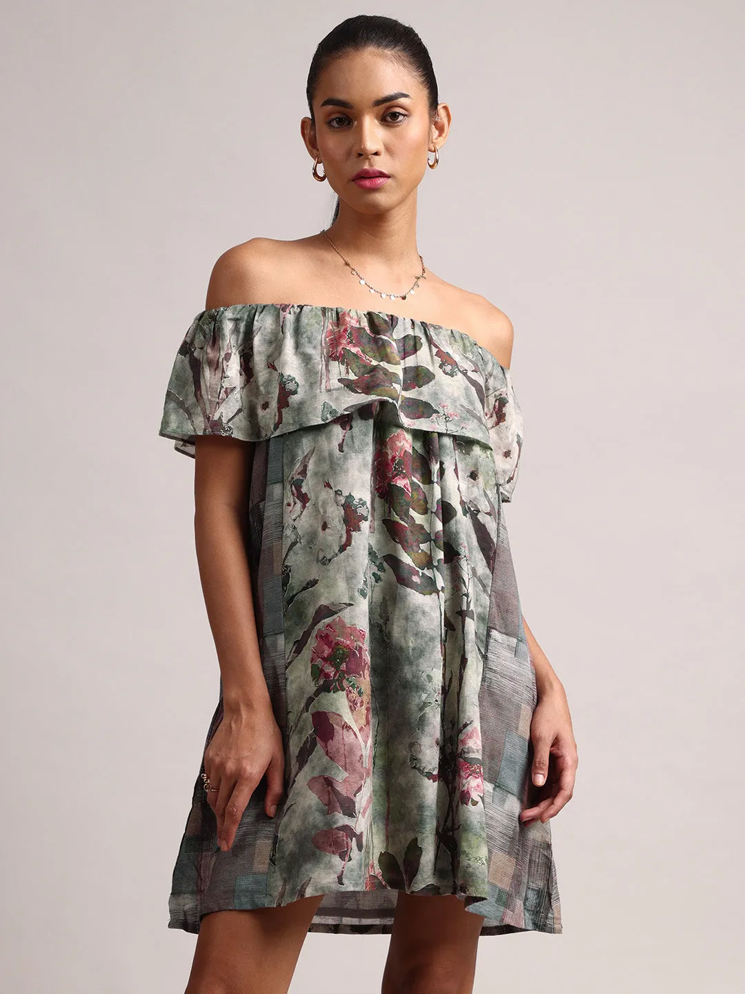 Grey Cotton Linen Floral Off Shoulder Dress