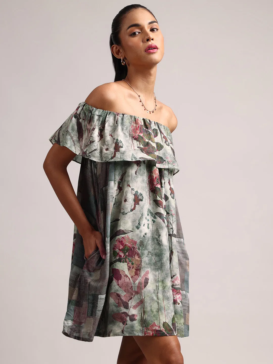 Grey Cotton Linen Floral Off Shoulder Dress