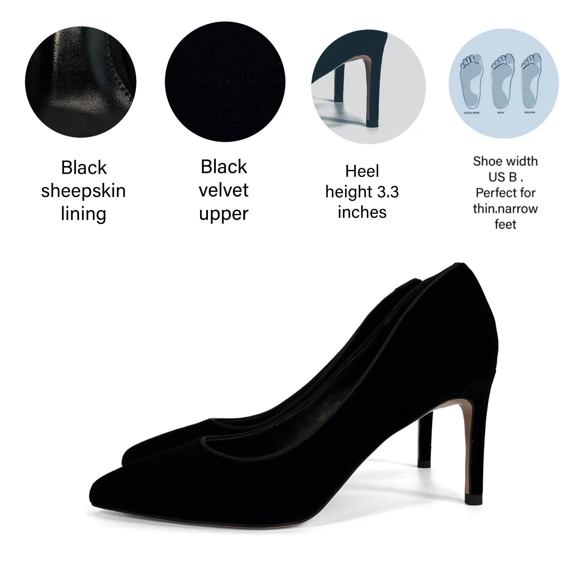 INCI Malin Black Velvet & Sheepskin lining-Pumps for Women 3.3 inch Heels-Stiletto High Heels Pointy Toe Pumps Shoes