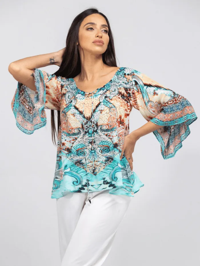 Inoa Gold Coast Printed Silk BOHO Top with Crystals 206