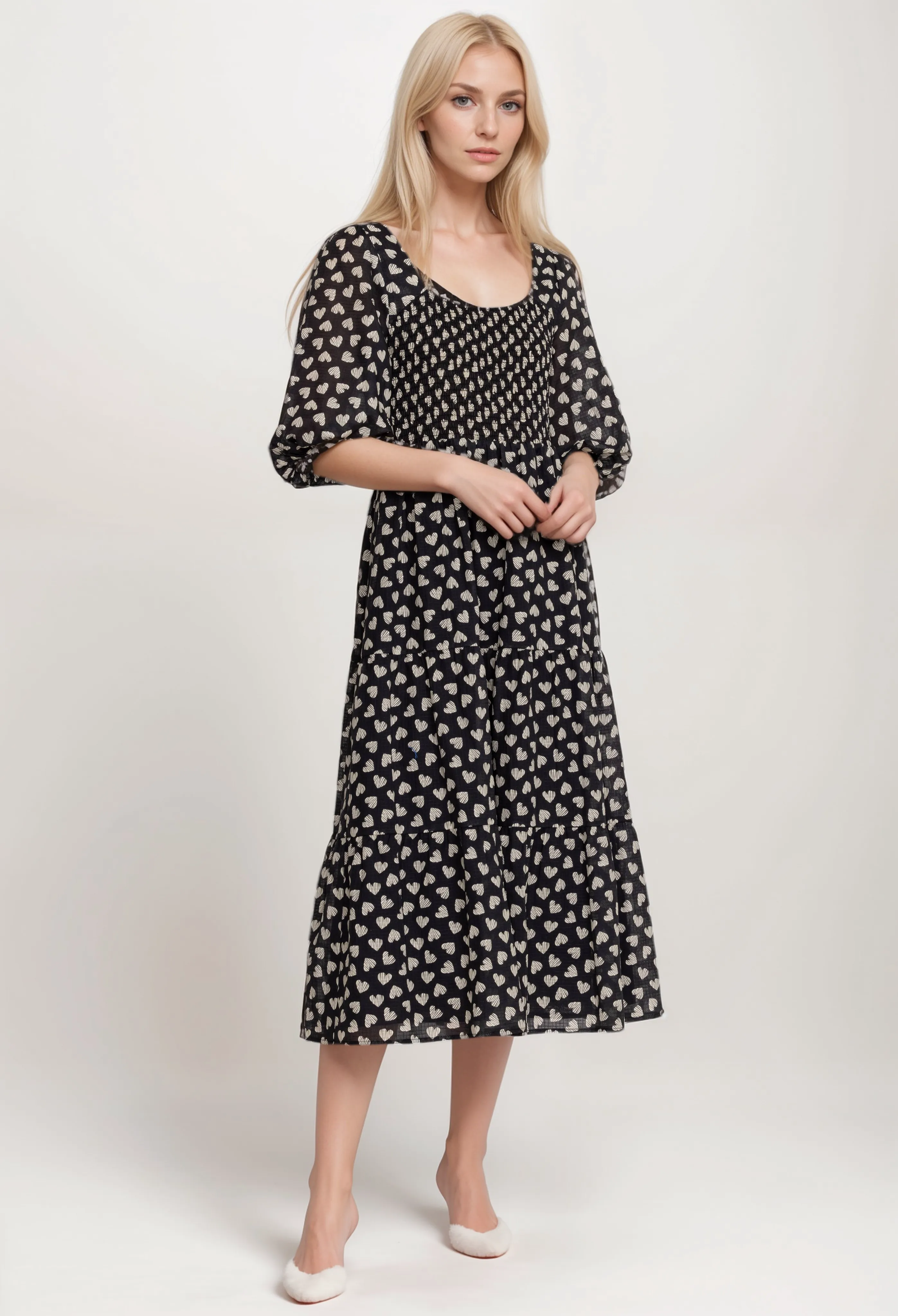 Johnny Was Jade Couple Of Hearts Cotton-Blend Midi-Dress L31724 Boho Chic