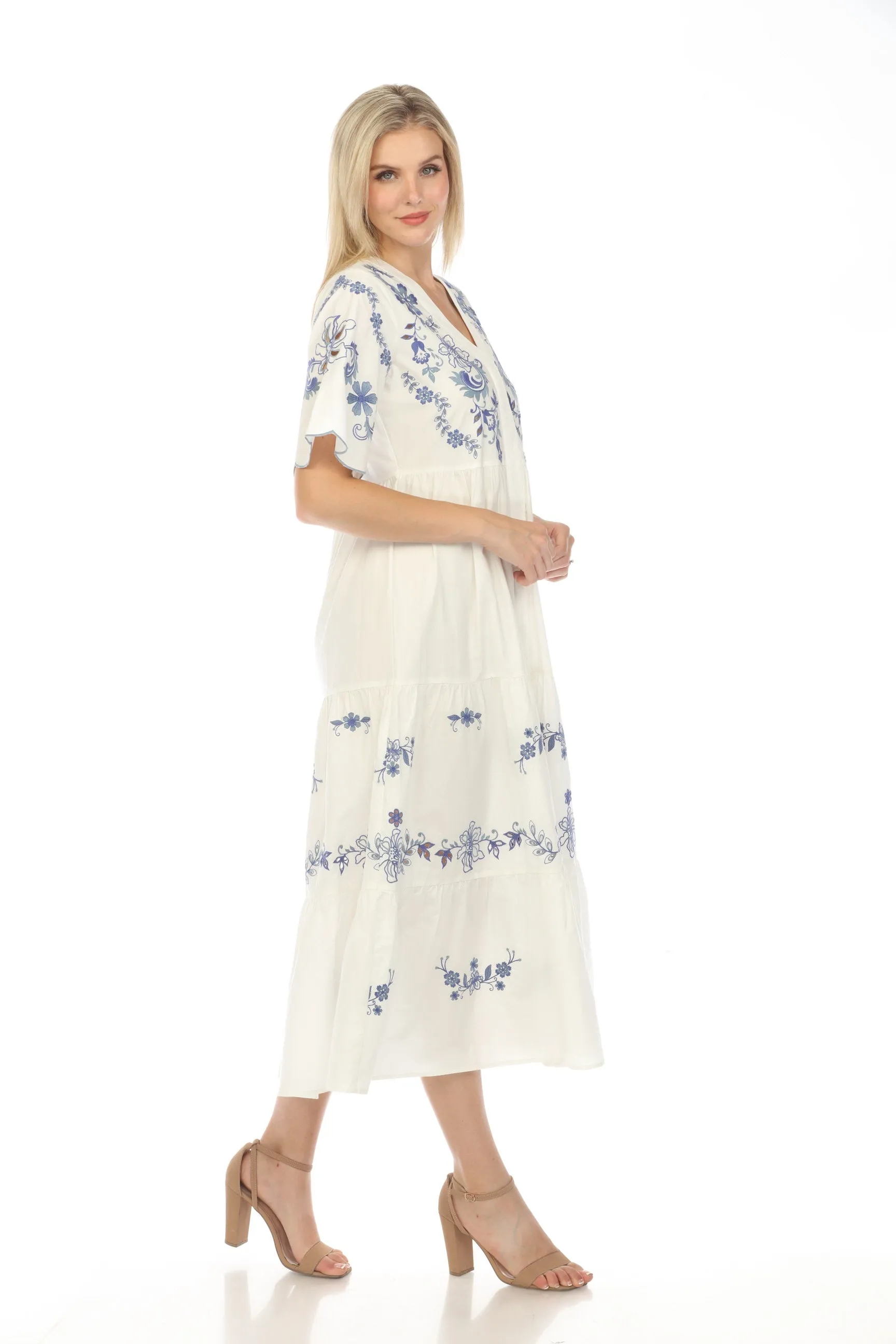 Johnny Was Jade White Alegra Poplin Tea Length Dress Boho Chic L30224