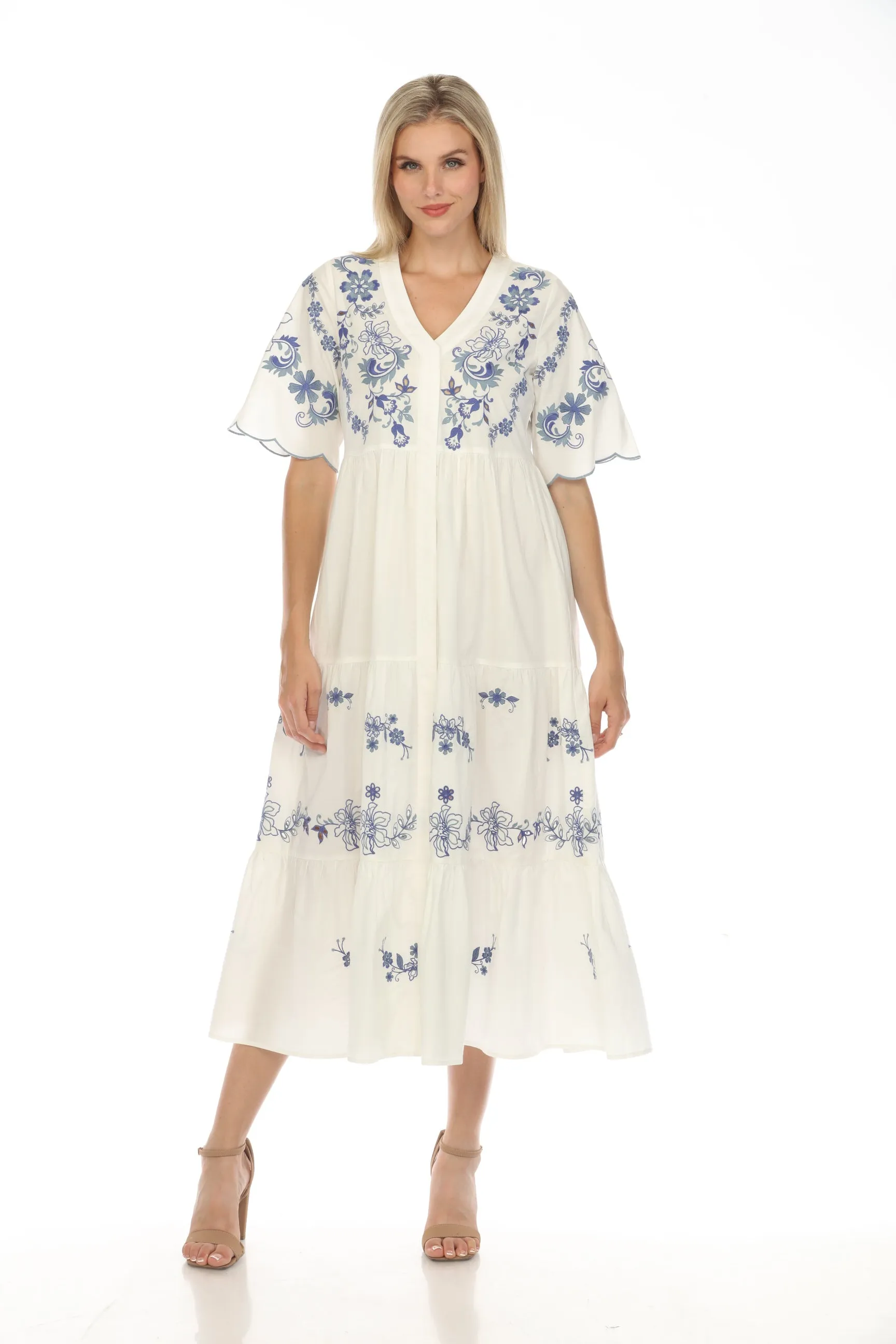 Johnny Was Jade White Alegra Poplin Tea Length Dress Boho Chic L30224