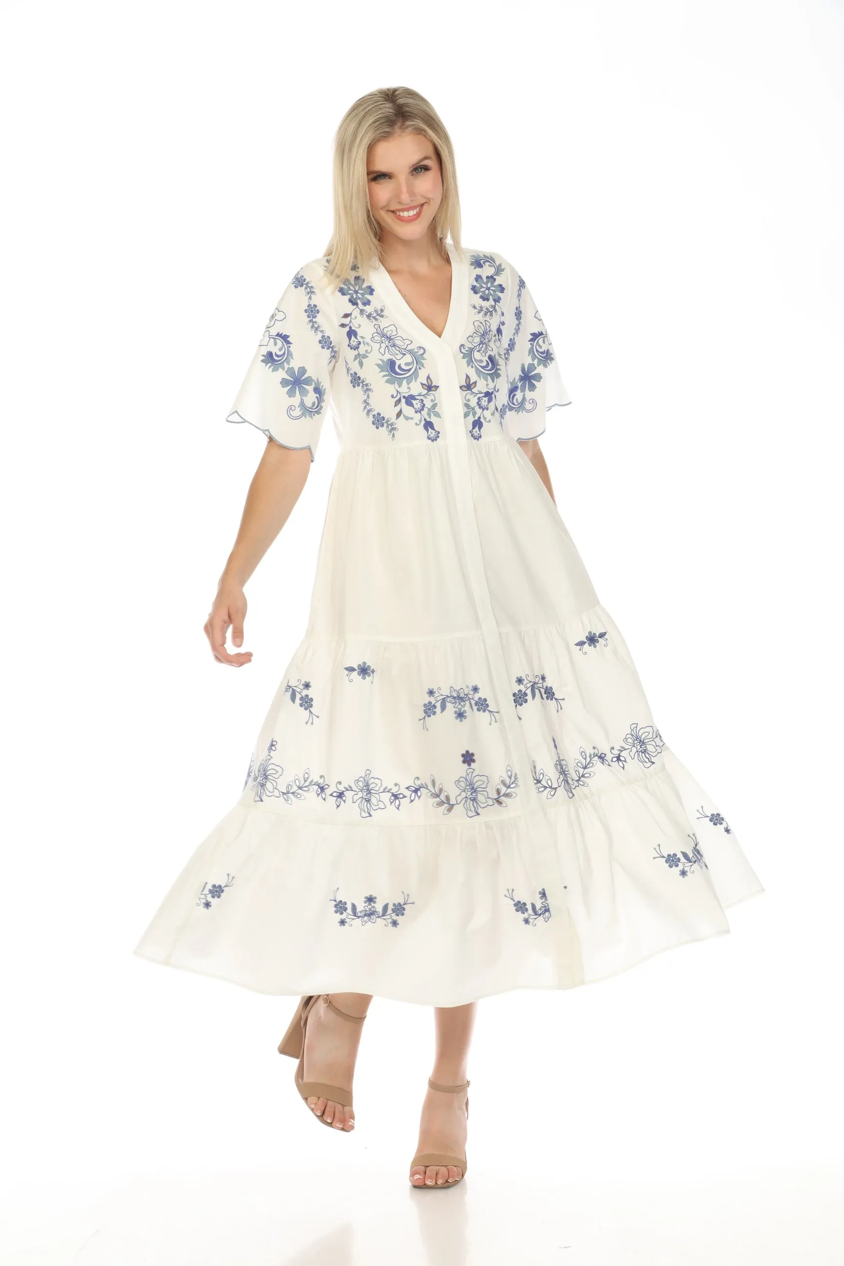 Johnny Was Jade White Alegra Poplin Tea Length Dress Boho Chic L30224