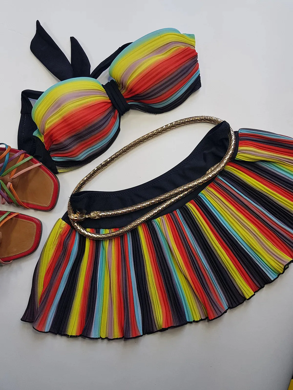 Knockout 1980s Statement Swimwear - Multicolour Vintage - Ultra Feminine - Bikini Top & Skirt - Two Piece Set