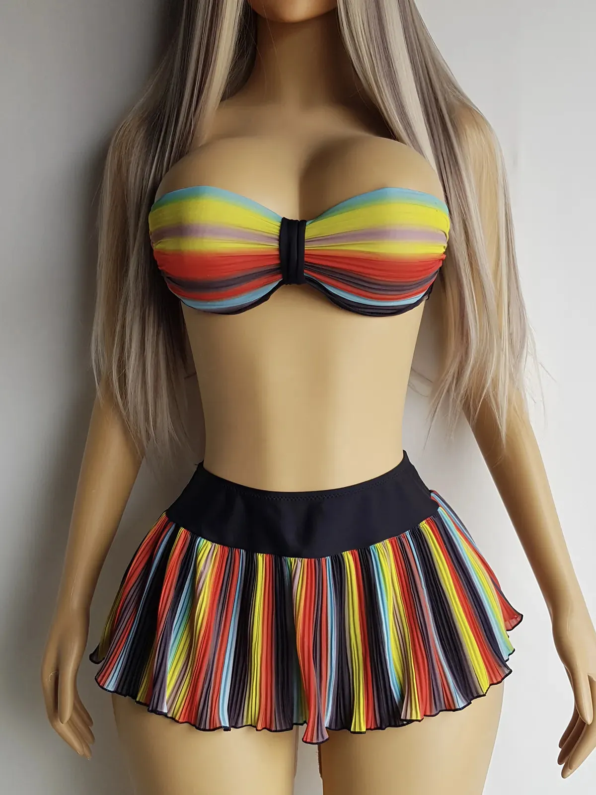 Knockout 1980s Statement Swimwear - Multicolour Vintage - Ultra Feminine - Bikini Top & Skirt - Two Piece Set