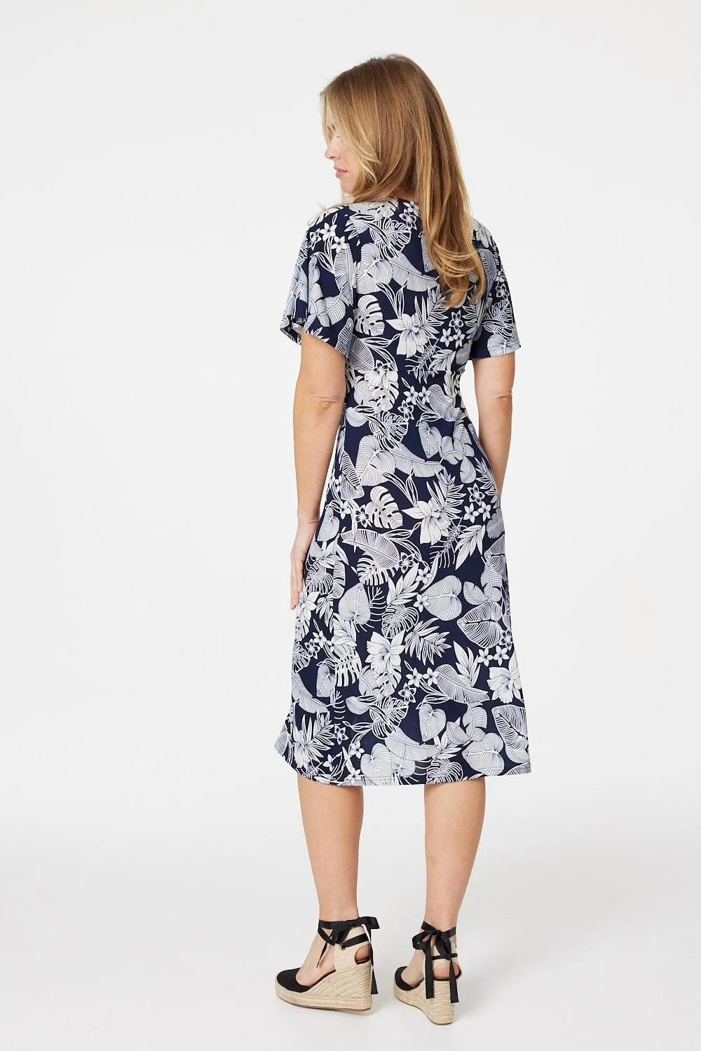 Leaf Print Front Split Midi Dress