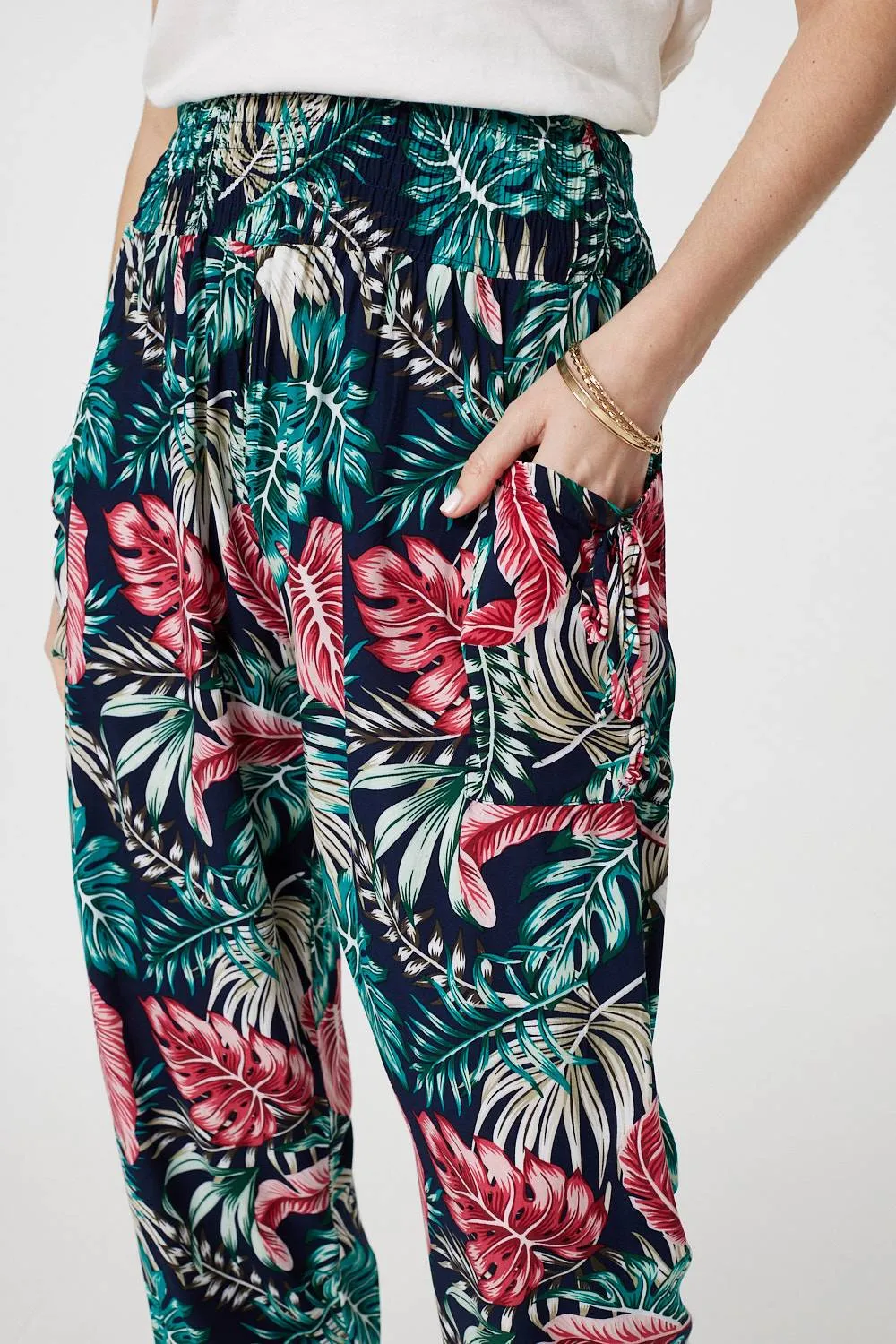 Leaf Print Harem Pants with Pockets