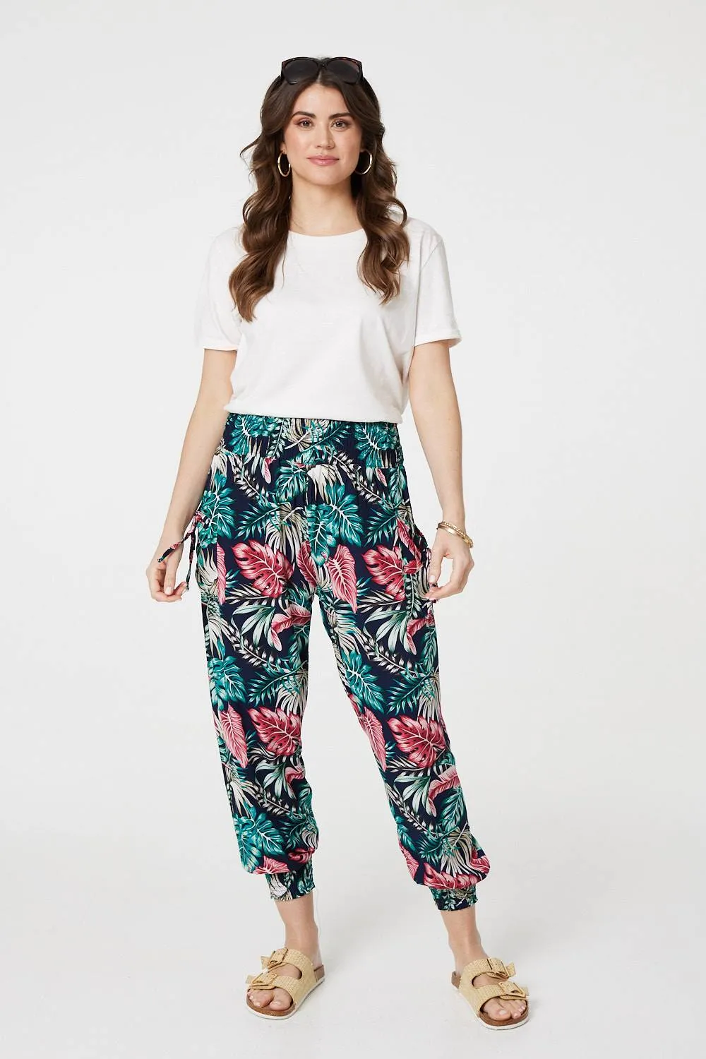 Leaf Print Harem Pants with Pockets