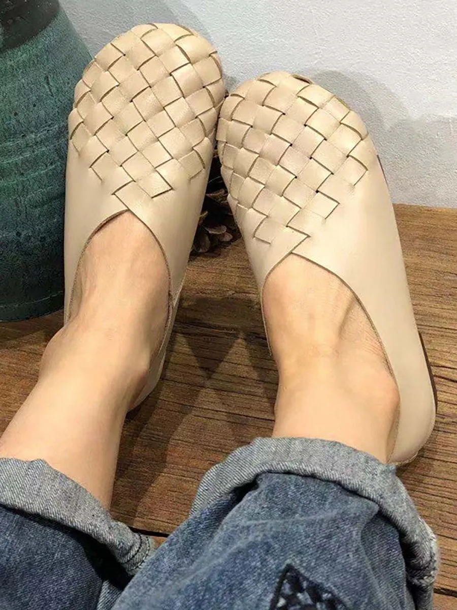 Leather Women Solid Color Woven Round Toe Flat Shoes HH026