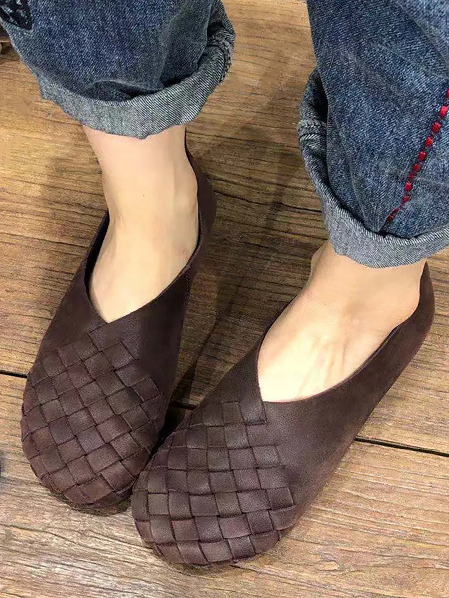 Leather Women Solid Color Woven Round Toe Flat Shoes HH026