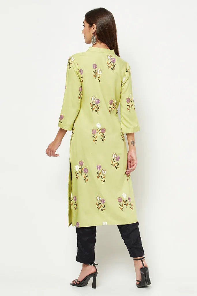 Lime Green Floral Printed Kurta