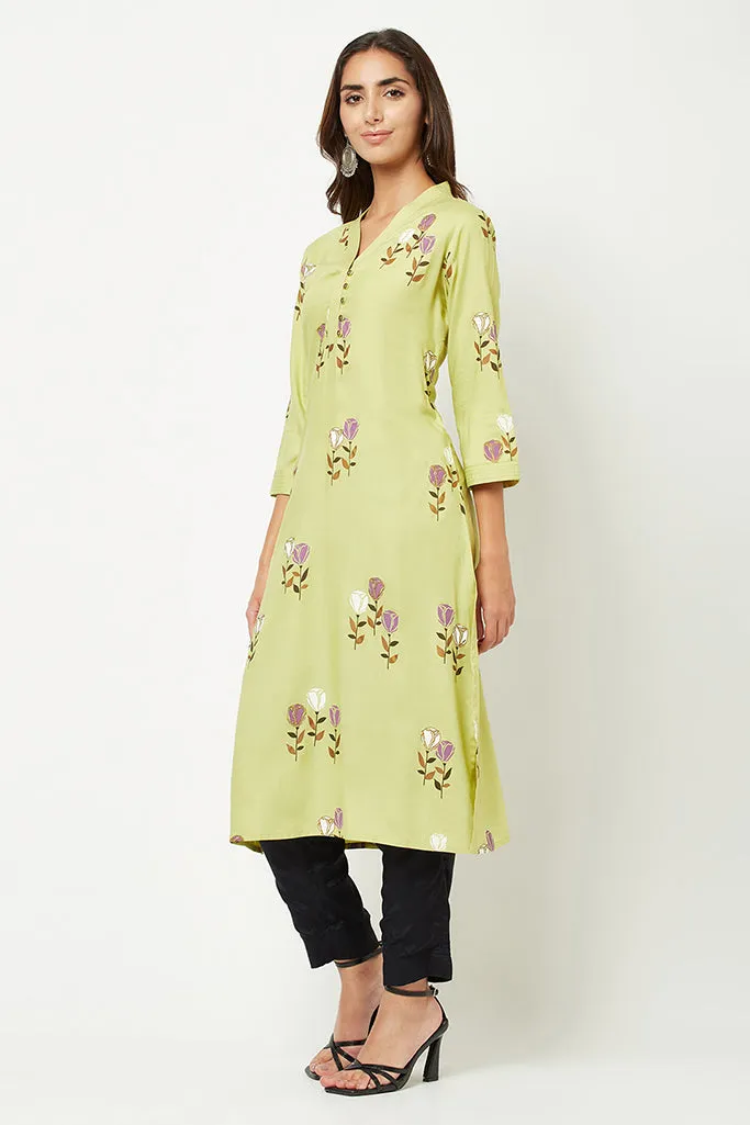 Lime Green Floral Printed Kurta