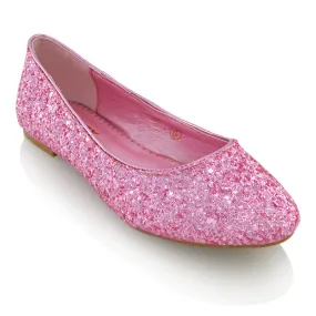 MALEFICENT FLAT BLOCK HIGH HEELED SLIP ON BALLERINA PUMP SHOES IN PINK GLITTER