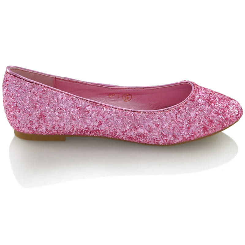 MALEFICENT FLAT BLOCK HIGH HEELED SLIP ON BALLERINA PUMP SHOES IN PINK GLITTER