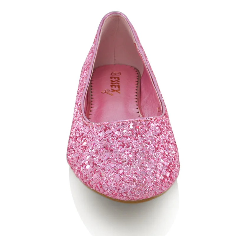 MALEFICENT FLAT BLOCK HIGH HEELED SLIP ON BALLERINA PUMP SHOES IN PINK GLITTER