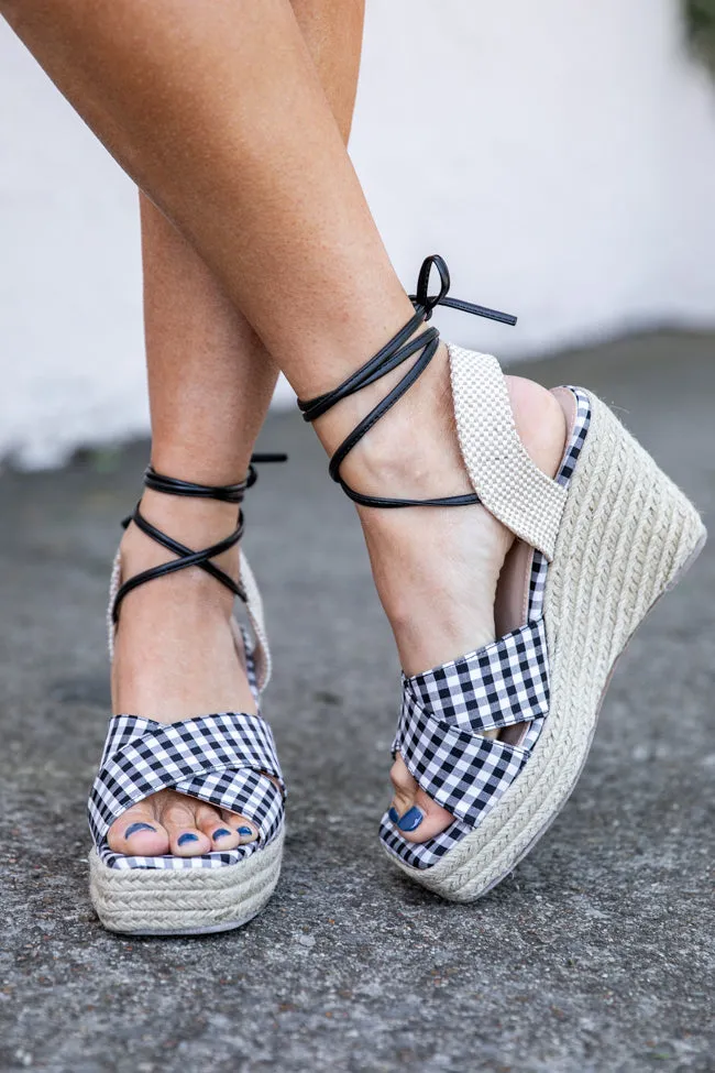 Margot Gingham Black Square Toe Espadrille Wedges FINAL SALE