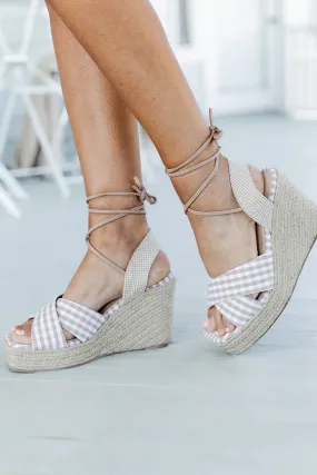 Margot Gingham Taupe Square Toe Espadrille Wedges FINAL SALE