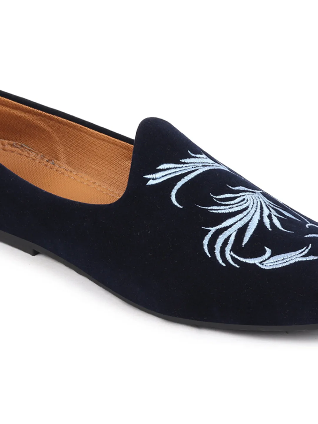 Men Blue Velvet Leaf Print Embroidery Slip On Party Loafers