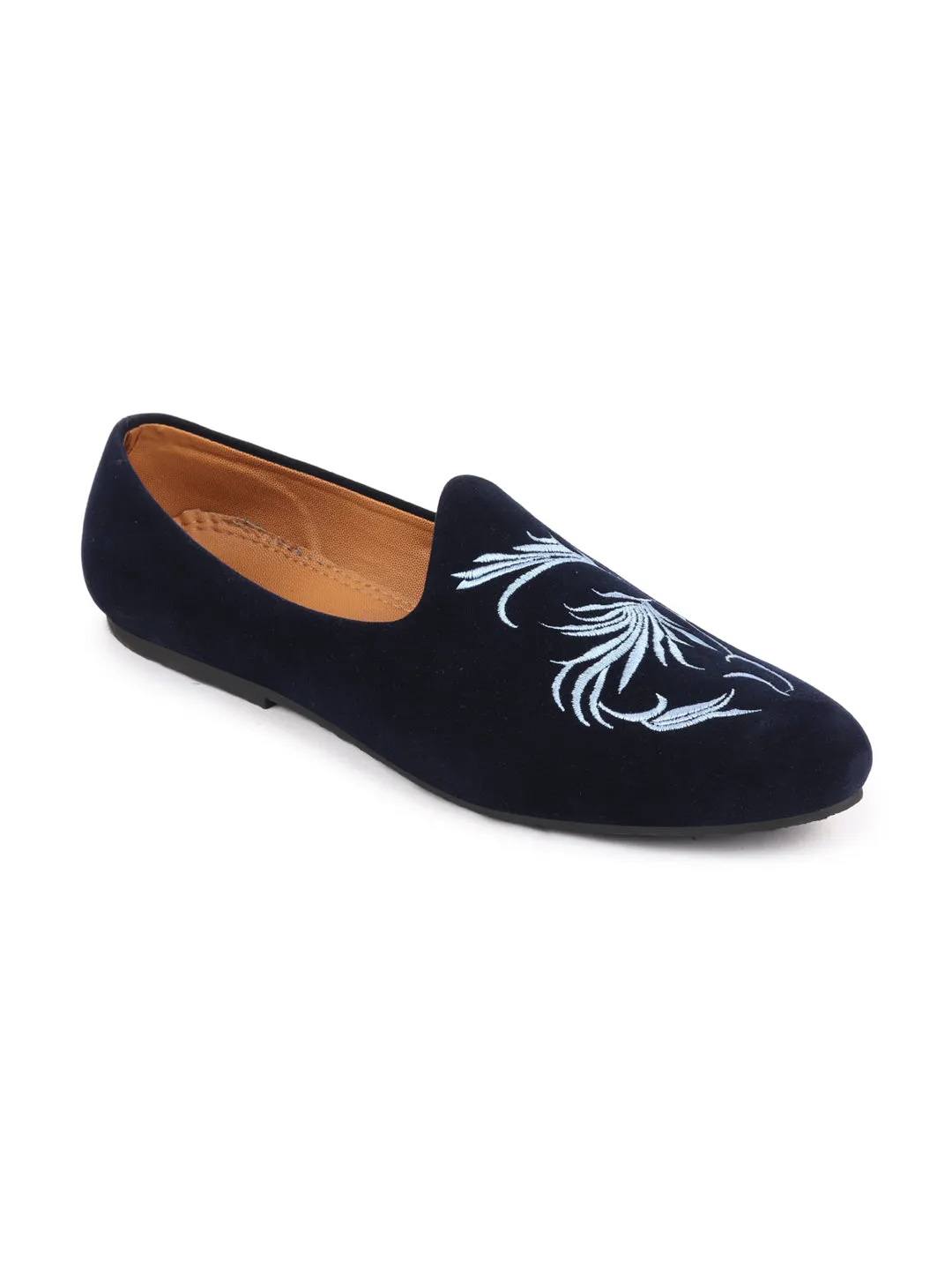 Men Blue Velvet Leaf Print Embroidery Slip On Party Loafers