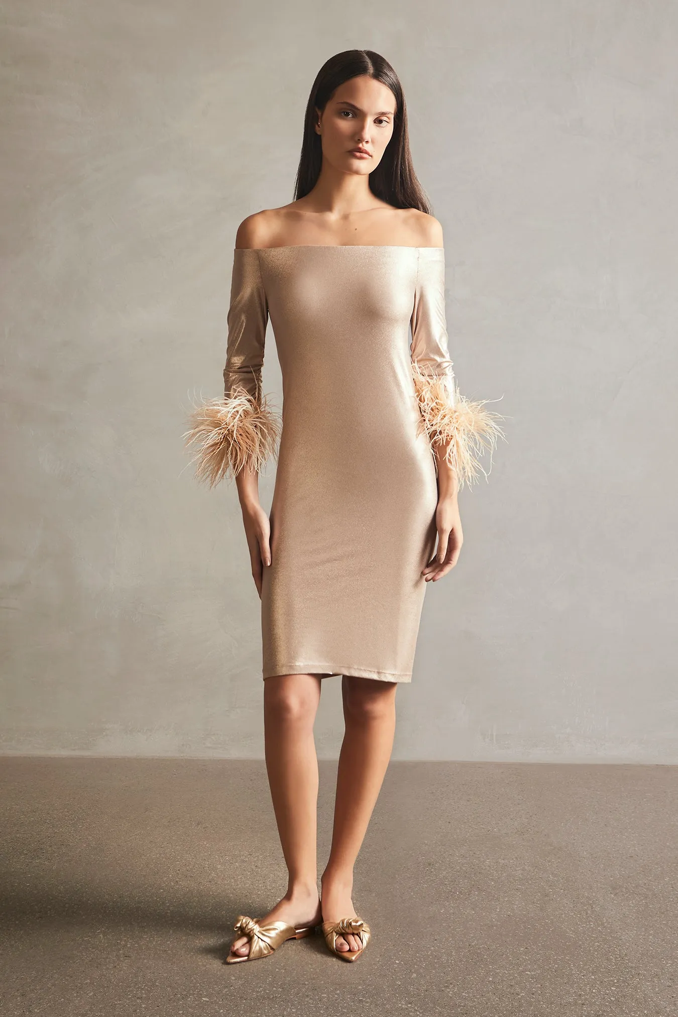 Metallic Off-The-Shoulder Short Dress With Feathers