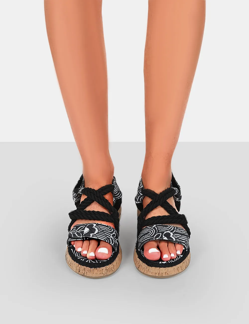 Miami Wide Fit Black Printed Rope Flatform Lace Up Sandals