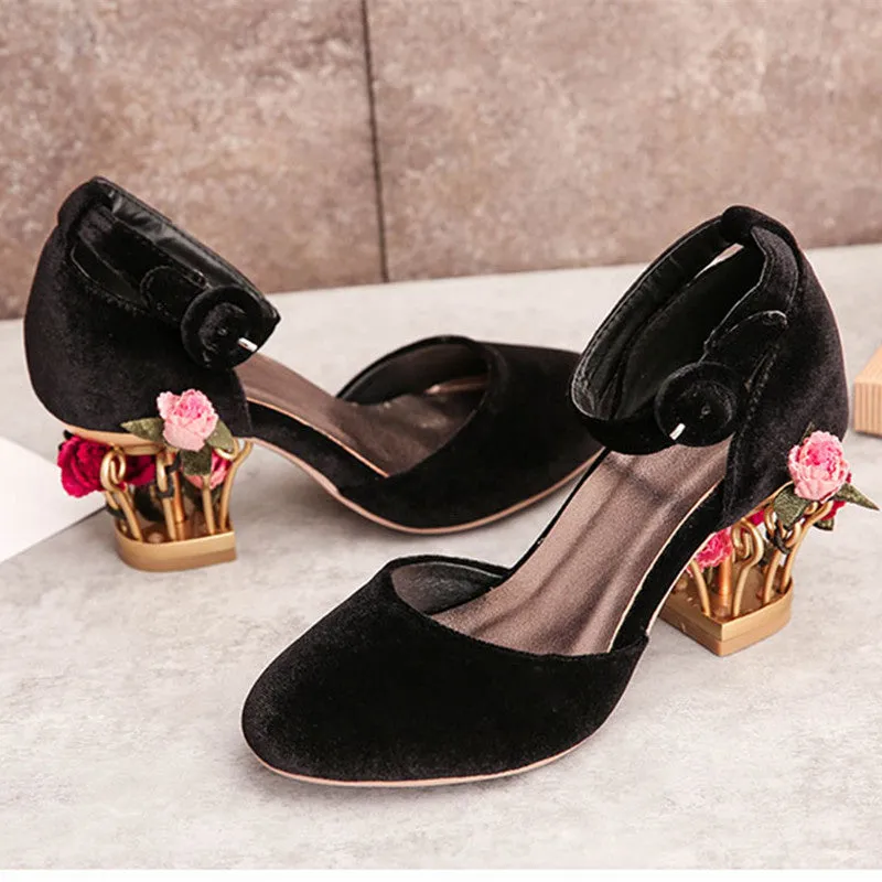 Novelty Ankle Strap Pumps with Rose Cage Heels