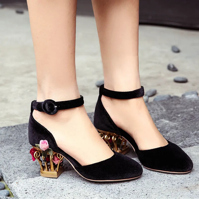 Novelty Ankle Strap Pumps with Rose Cage Heels