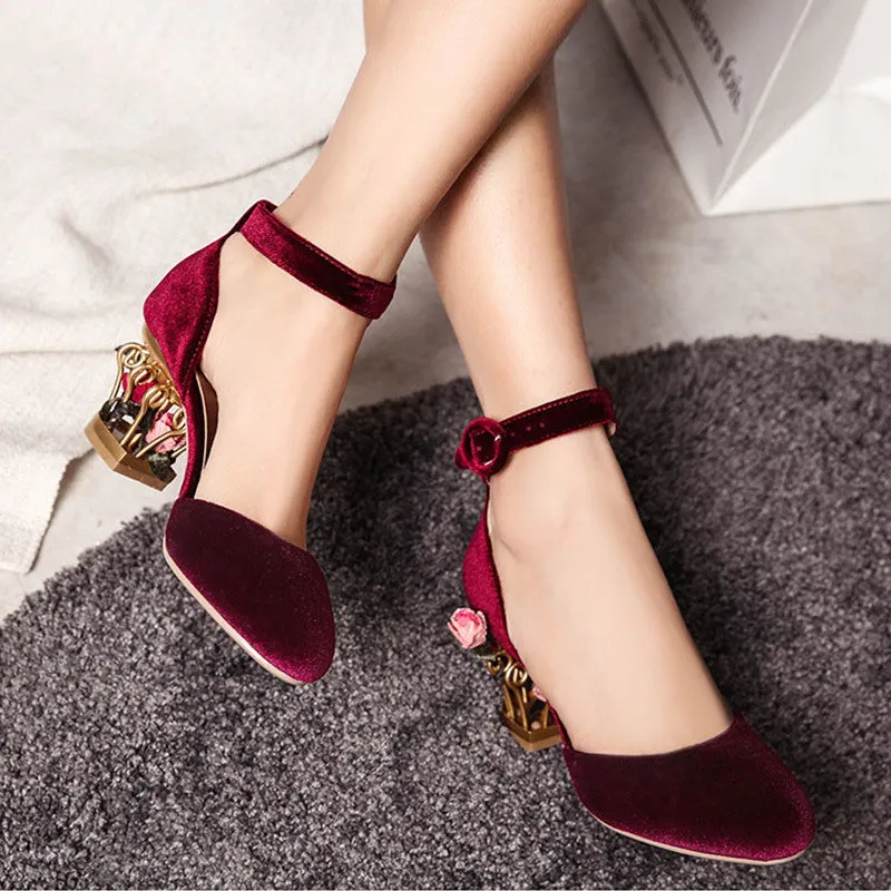 Novelty Ankle Strap Pumps with Rose Cage Heels