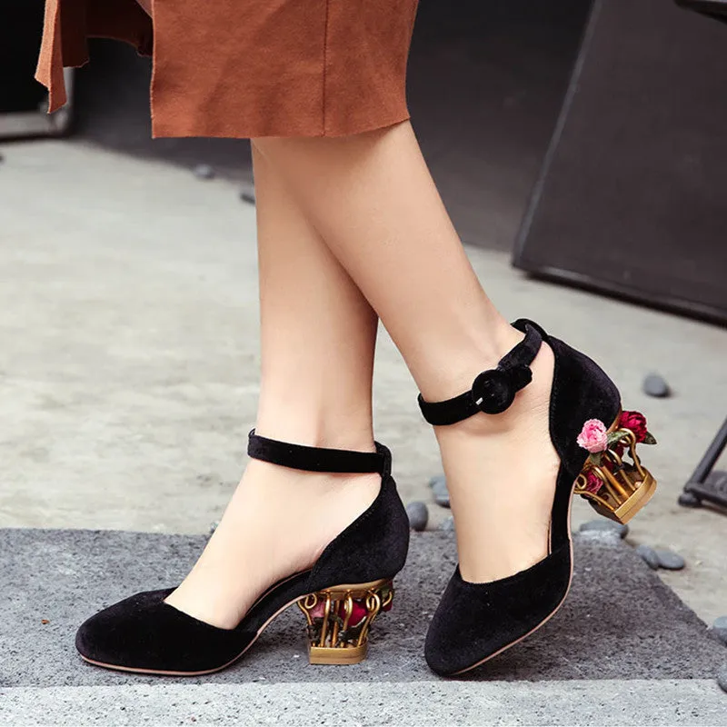 Novelty Ankle Strap Pumps with Rose Cage Heels