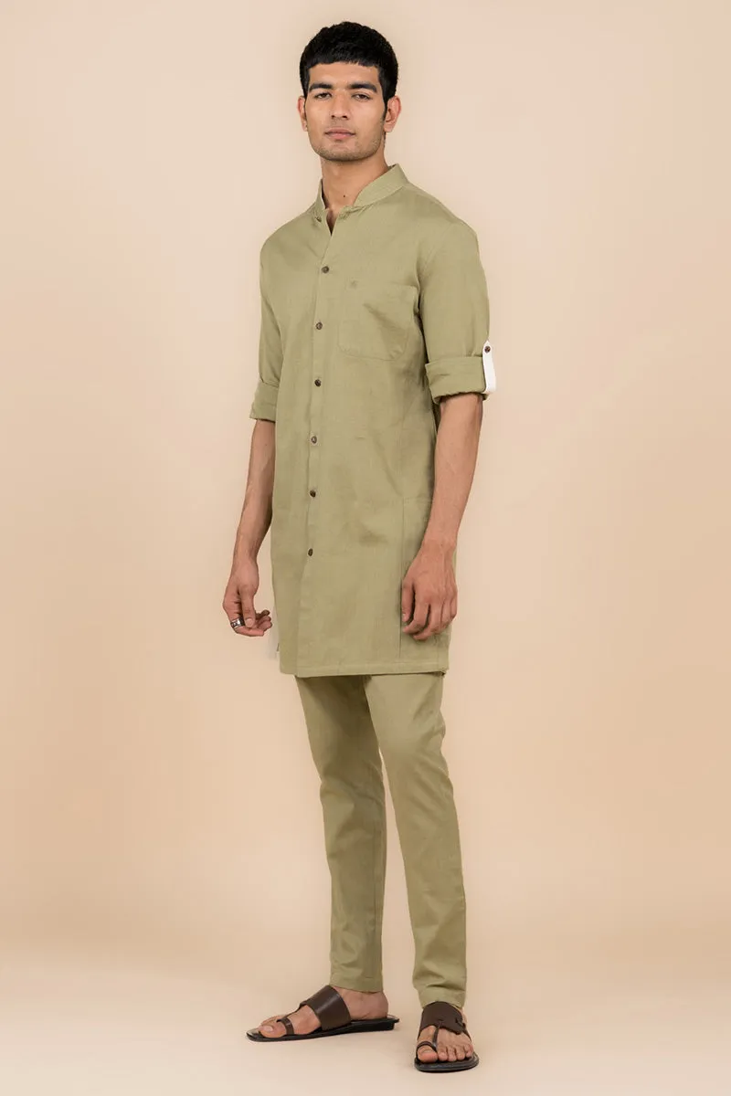 Olive Shirt Style Kurta Set With Pocket Detailing