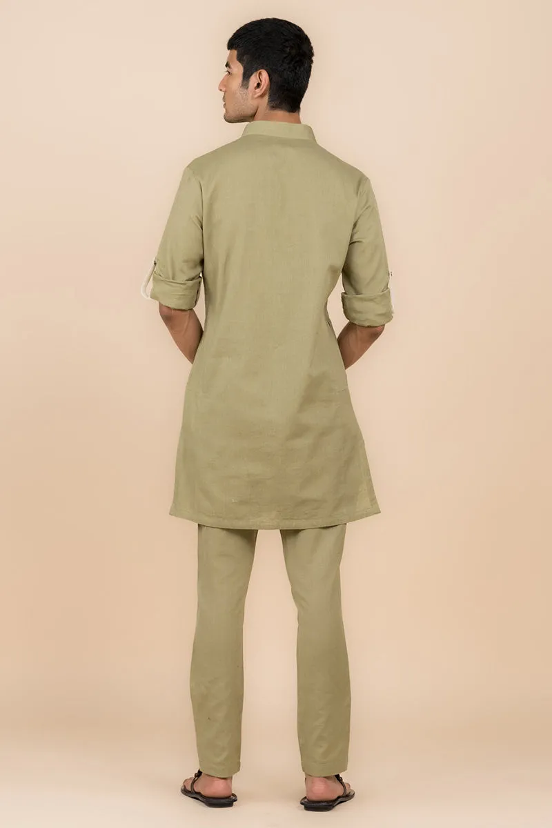 Olive Shirt Style Kurta Set With Pocket Detailing