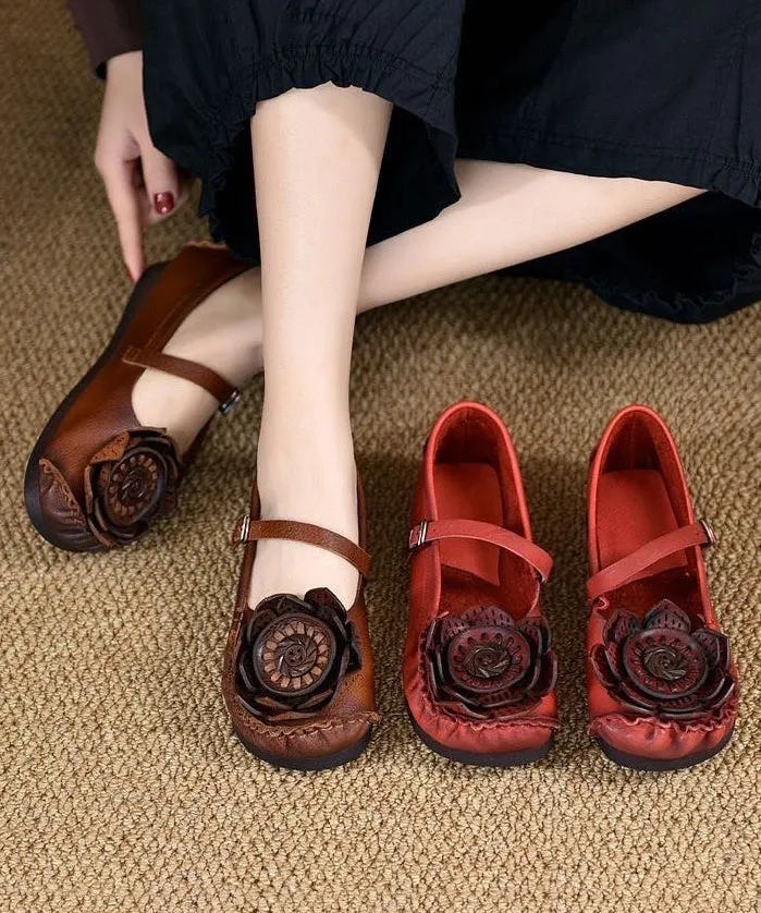 Original Retro Red Floral Soft Sole Cowhide Leather Flats Shoes RT1024