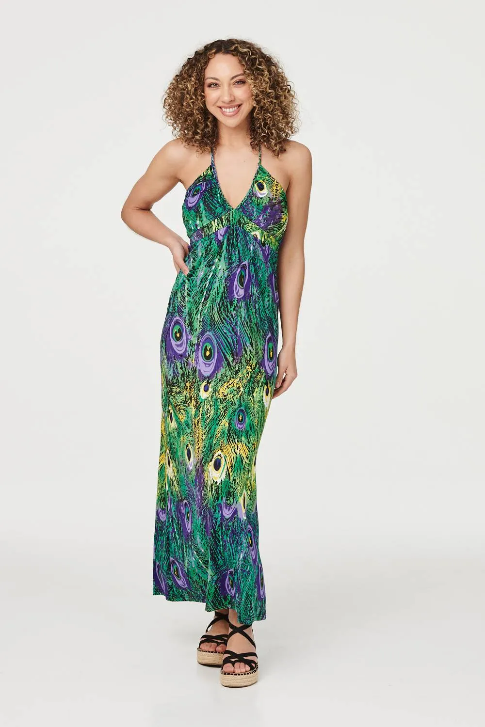 Peacock Print Halterneck Maxi Dress