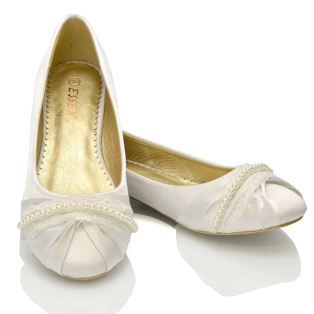 PEARLY BRIDAL FLAT LOW HEEL LACE SPARKLY DIAMANTE WEDDING BALLERINA PUMPS IN WHITE SATIN