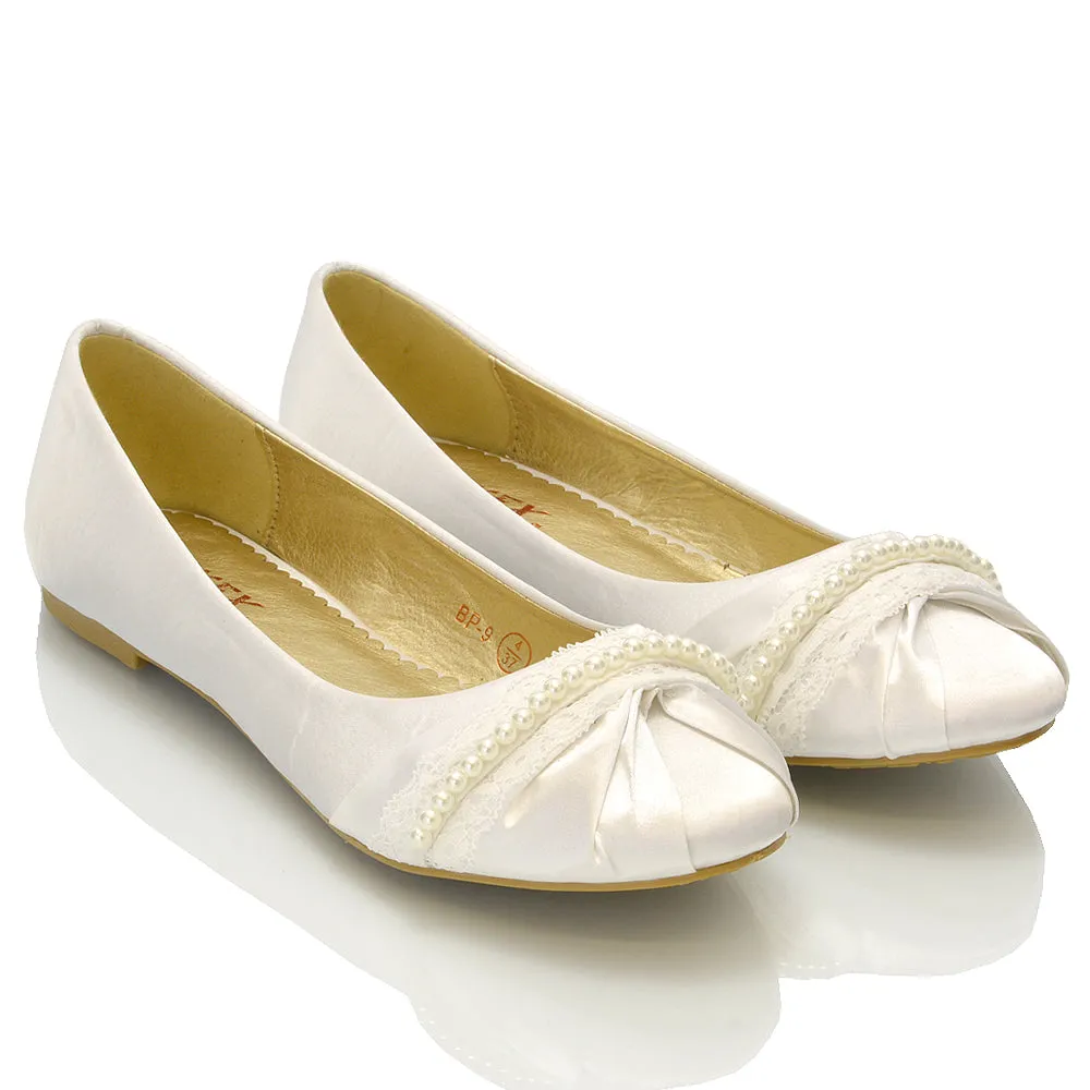 PEARLY BRIDAL FLAT LOW HEEL LACE SPARKLY DIAMANTE WEDDING BALLERINA PUMPS IN WHITE SATIN