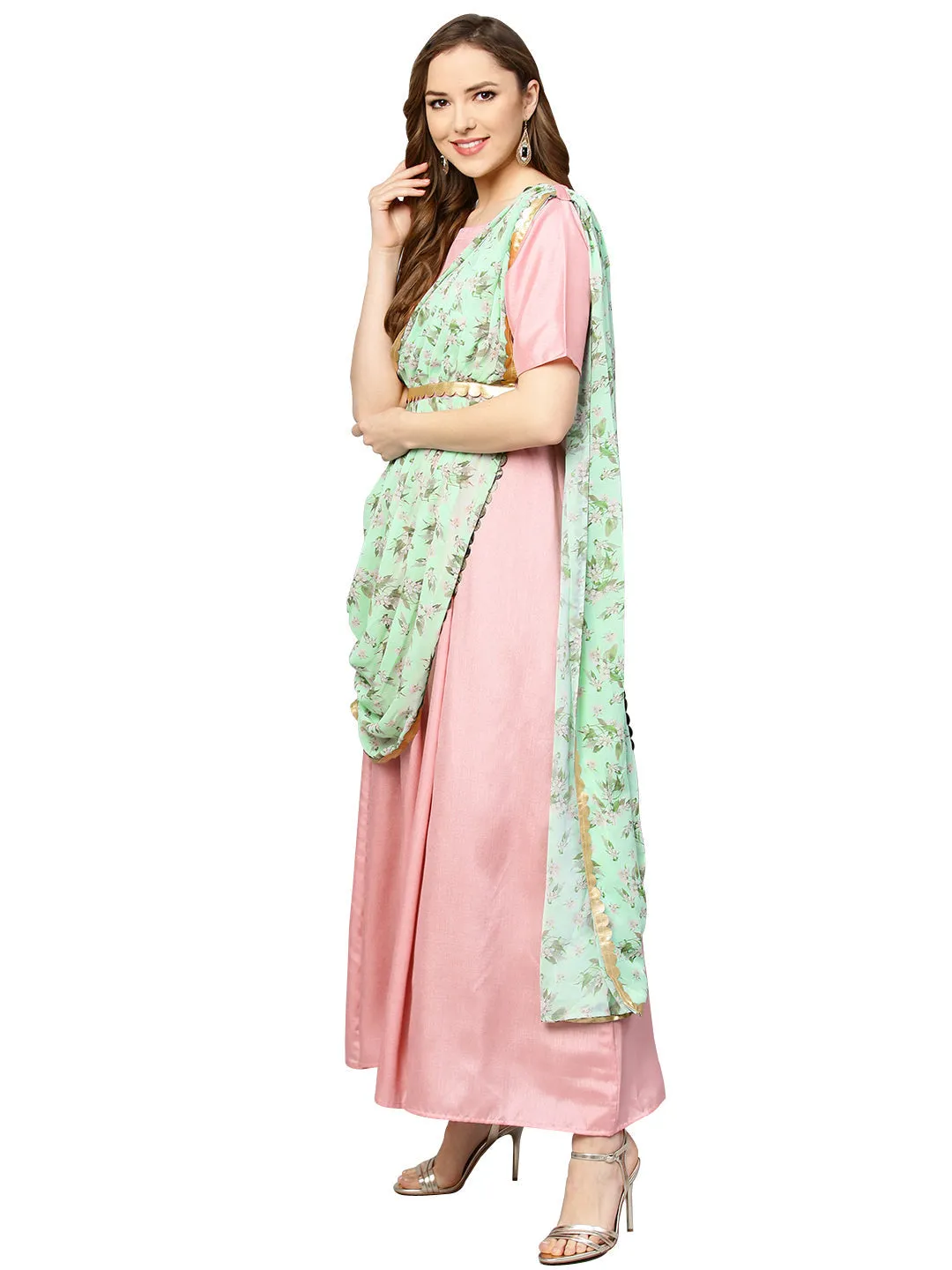 Pink & Green Solid Maxi Dress with Attached Dupatta