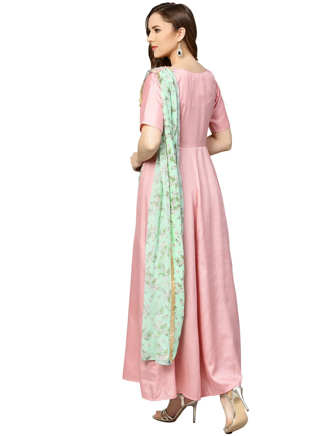 Pink & Green Solid Maxi Dress with Attached Dupatta