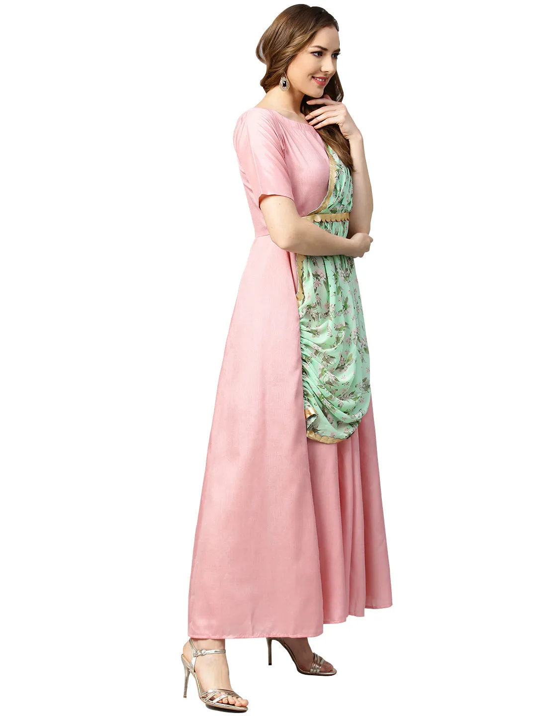 Pink & Green Solid Maxi Dress with Attached Dupatta