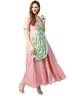 Pink & Green Solid Maxi Dress with Attached Dupatta