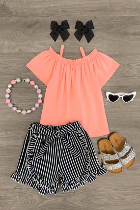 Pink Cold Shoulder Black Stripe Tie Short Set